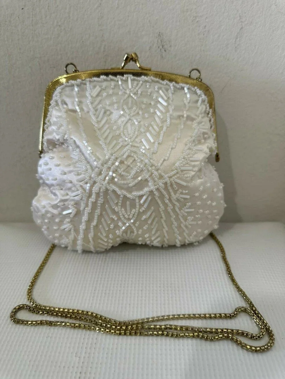Vintage Beaded Evening Bag  Ivory Beads and a Gold-tone Metal Frame